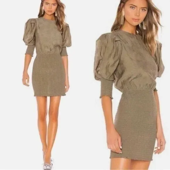 Rebecca Minkoff Geneva Smocked
Puff Sleeve Dress in Army Green large midi - Picture 1 of 16